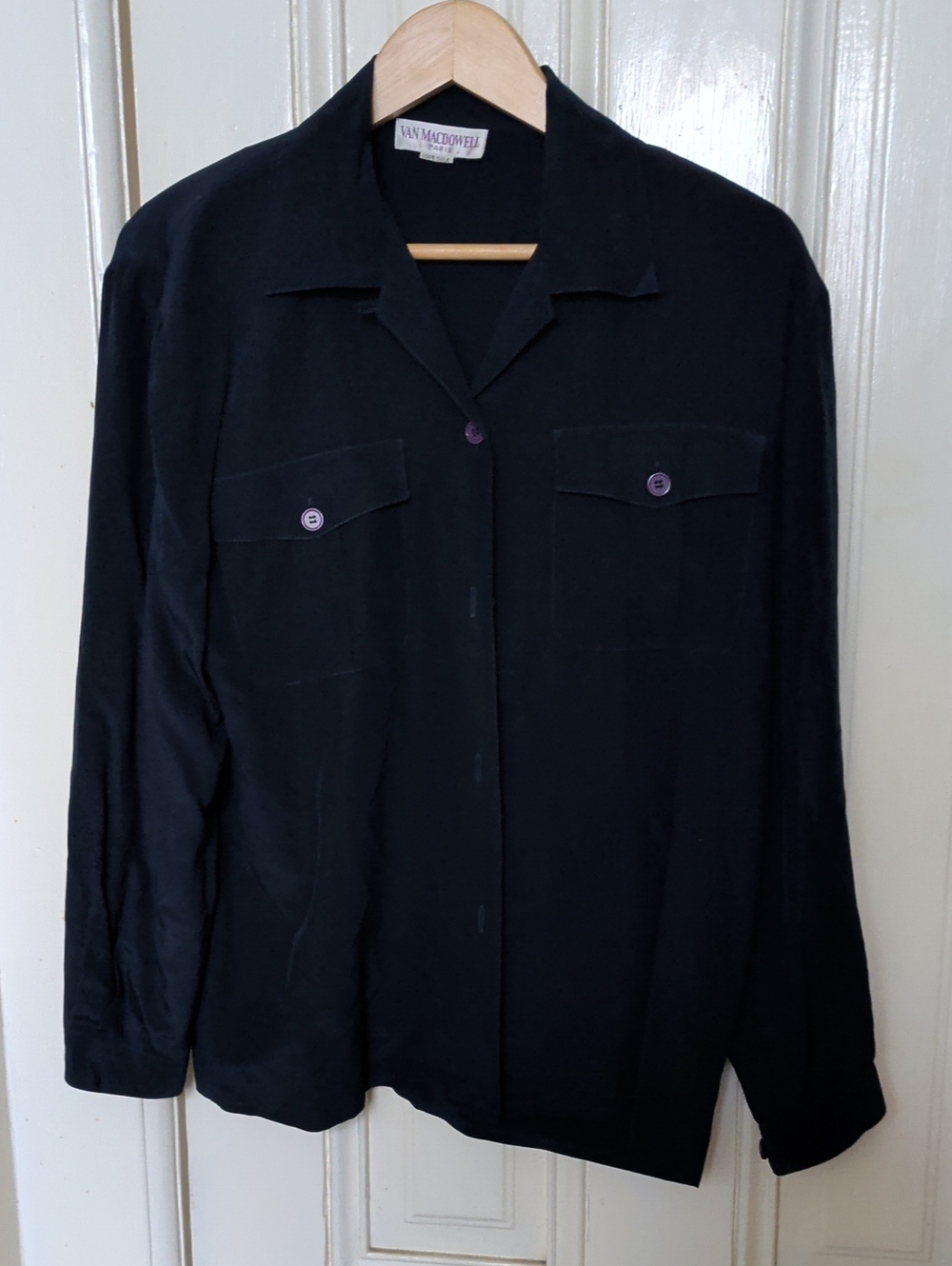 Vintage Dark Navy Women's Long-Sleeve Button Silk Shirt